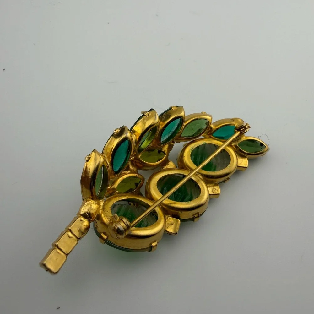 Vintage Reverse Carved Givre Rhinestone Leaf Brooch Statement Pin